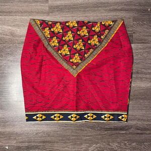 Red and yellow African print mini‎ skirt with back zipper closure
